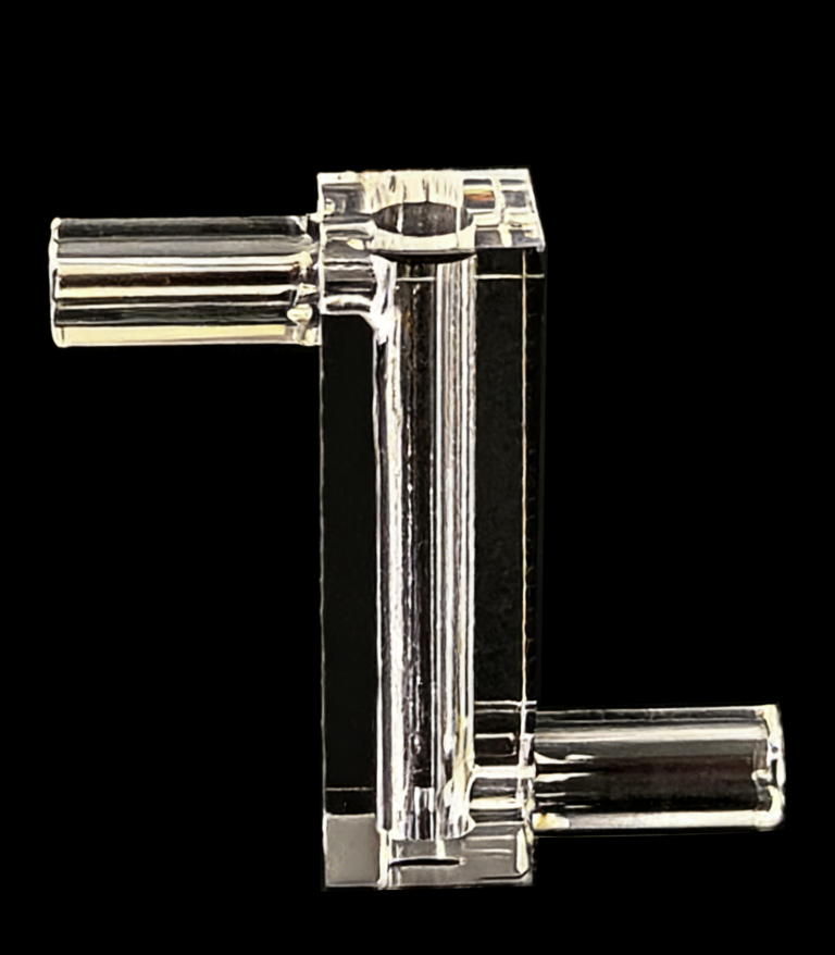 Quartz Fluorescence Flow Cuvette, 4 Side Clear, Quartz Tubing Connector, OCB, Customizable