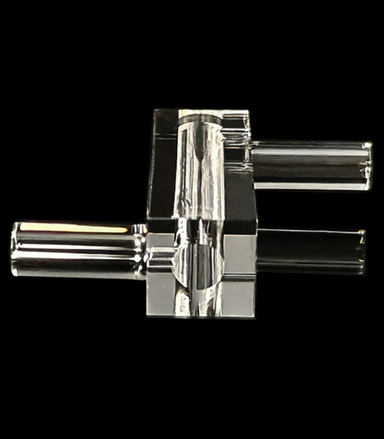 Quartz Fluorescence Flow Cuvette, 4 Side Clear, Quartz Tubing Connector, OCB, Customizable